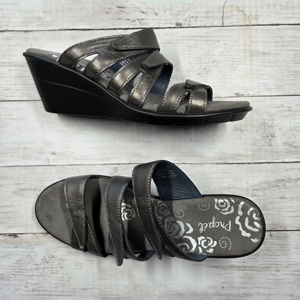 Propet Wedge Sandals Women 9.5M Pewter Metallic Leather Slide Adjustable Straps